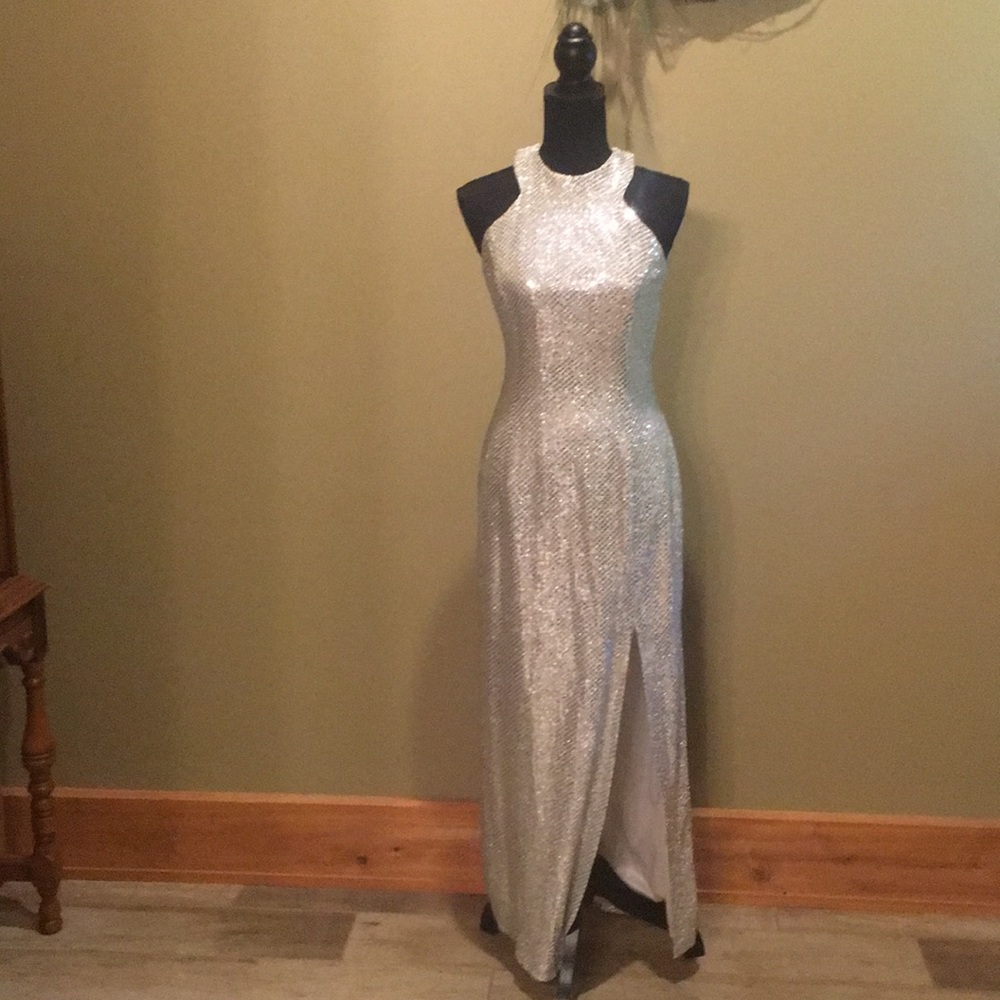 Full length silver sequin gown